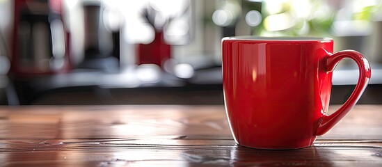Leinwandbilder - Red espresso cup on office desk with a blurred background provides a copy space image