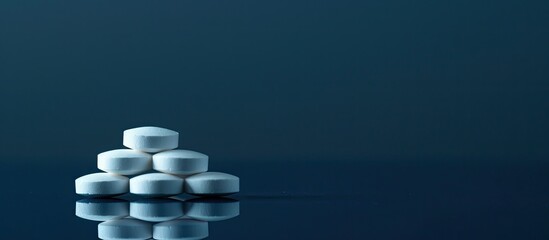 Aufkleber - White pills stacked neatly on a glossy black blue surface with copy space image