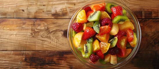 Aufkleber - Fresh fruit salad in a bowl on a wooden surface captured from the top with copy space in the image