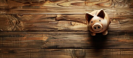 Poster - Wooden table top featuring a piggy bank with copy space image
