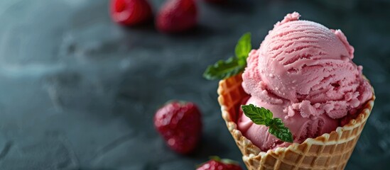 Poster - Scoop of strawberry ice cream in a crispy waffle cone with a delightful copy space image