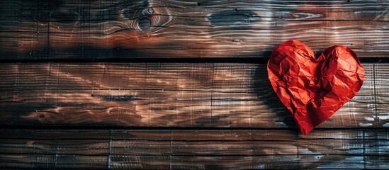 Leinwandbilder - Valentine s Day and romance concept with a red heart shaped paper on a wooden background showing love and intimacy in a copy space image