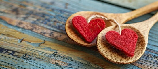 Aufkleber - A wooden spoon with felt hearts on a table offers a charming concept with available space for text or other images in the copy space image