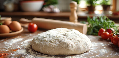 A pizza dough on the kitchen table, with a rolling pin and bowl in the background. The focus is on an oversized ball of white pizza dough. Generative AI.