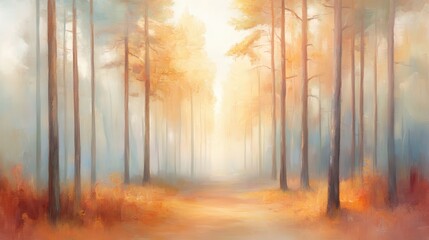 Wall Mural - A painting of a forest with a path in the middle
