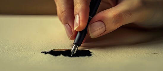 Poster - A female hand places a pen into a hole on a paper with a copy space image available