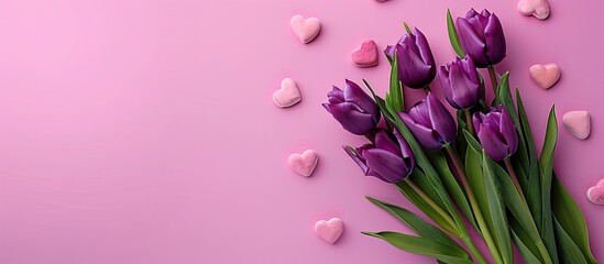 Aufkleber - Purple tulip bouquet with hearts on a pink backdrop conveying Mother s Day Valentine s Day or birthdays Ideal for greeting cards with a top view copy space image