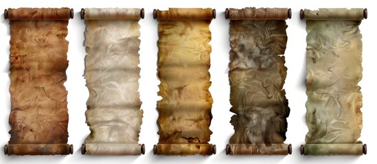 Fototapete - Vertical banners set featuring an old parchment paper scroll isolated on white with a shadow allowing for copy space image inclusion
