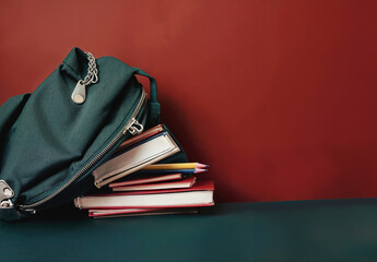 Aufkleber - Green backpack leaning on a stack of books and pencils on a green surface with a red background and copy space