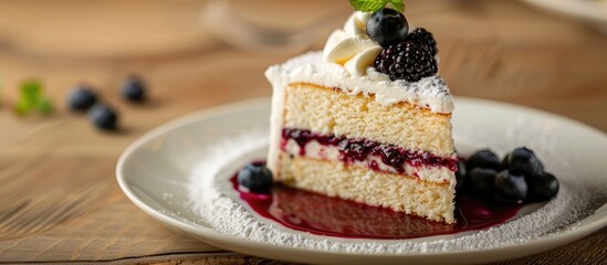 Poster - Vanilla sponge cake adorned with dairy whipped cream and blueberry sauce placed on a wooden table with a white plate perfect for a copy space image