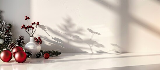 Wall Mural - Round table with Christmas decorations on a white wall background in the kitchen with shadow creating a copy space image