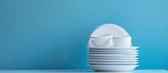 Poster - White dishes and cups set against a blue gradient backdrop emphasizing eco friendly dish washing Front view with a porcelain background for a copy space image