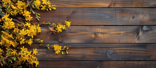 Aufkleber - Wooden background showcasing a vibrant Forsythia with copy space image available
