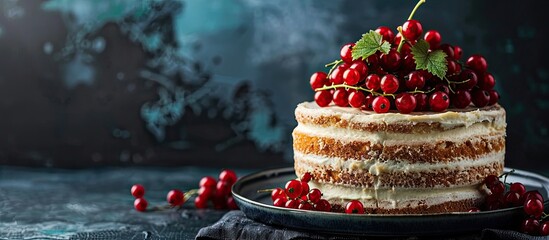 Aufkleber - Front view of a cake dessert adorned with fresh currant berries on a dark background with copy space image