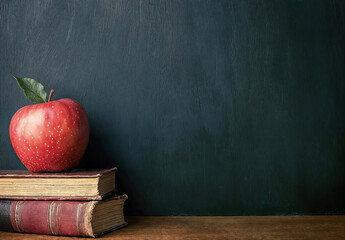 Aufkleber - Red apple on a stack of books with a blank chalkboard background provides copy space for back to school concepts