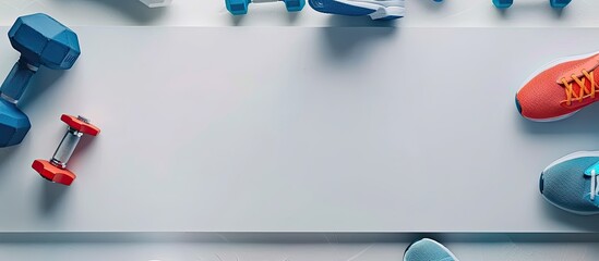 Poster - View from the top of a white table with dumbbells and sneakers for sports with empty space for an image. Creative banner. Copyspace image