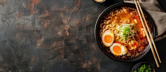 Aufkleber - Traditional Asian noodles floating in savory broth with copy space image for presentation