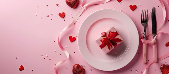 Leinwandbilder - Valentine s Day table setting with hearts gift and copy space image on a pink backdrop