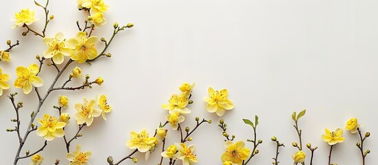 Poster - Minimalist floral arrangement with yellow spring blooms on a bright backdrop ideal for your mockup with a top view showcasing a clean design and space for additional elements