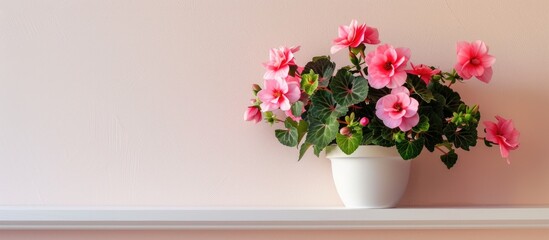 Fototapete - Lovely begonia flowers displayed on a shelf near a bright bedroom wall with copy space image