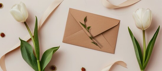 Poster - Sleek mockup featuring a white tulip and a craft envelope on a plain background with a flat lay perspective and top view ideal for design with copy space image