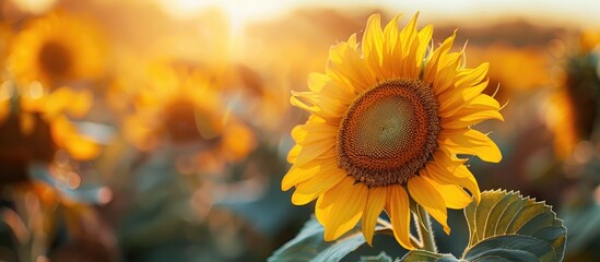 Aufkleber - A scenic sunflower field with abundant growth by summertime ideal for vegetable oil production Close up shot with selective focus on a sunflower Copy space image