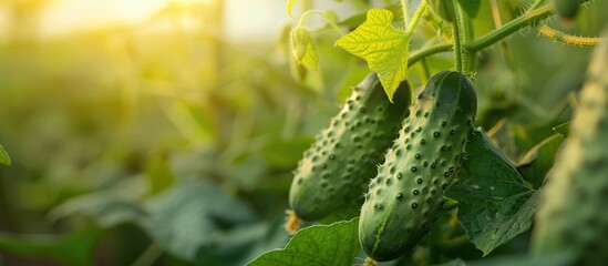 Poster - a young cucumber thrives in the greenhouse with a background perfect for adding text or graphics cop