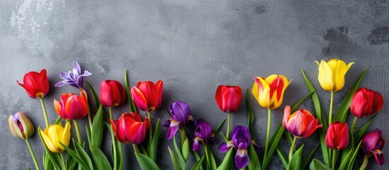 Aufkleber - A gray backdrop with vivid tulips and irises creates a charming copy space image for spring