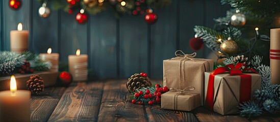 Leinwandbilder - Table decorated for Christmas with gifts candles toys creating the perfect festive scene with copy space image