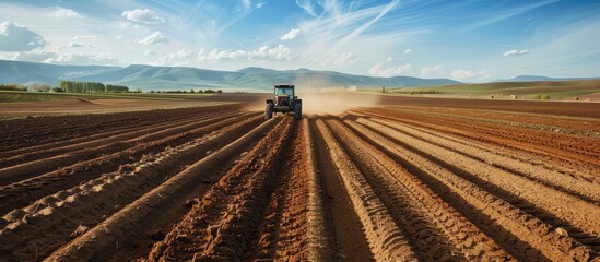 Poster - In early spring a brown ploughed field provides the backdrop for an off road car on a dirt road with ample copy space image