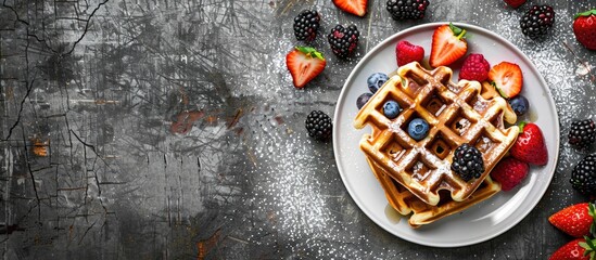 Wall Mural - A plate of Belgian waffles with fresh fruit displayed on a rustic background featuring gray waffles with copy space in the image captured from above