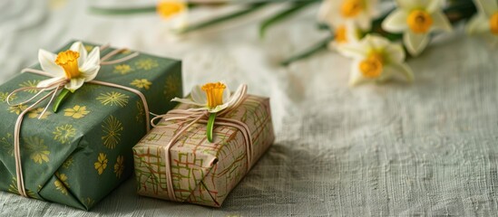 Poster - Two Mother s Day gifts in green hues decorated with narcissus placed on a tablecloth with copy space image