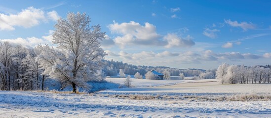 Aufkleber - A picturesque winter landscape featuring a country setting with snow covered fields and trees ideal for a copy space image