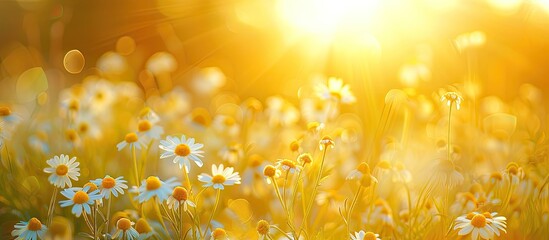 Poster - German Chamomile Matricaria Recutita blooming on the meadows with a sunset s ray highlighting the scene creating a picturesque copy space image