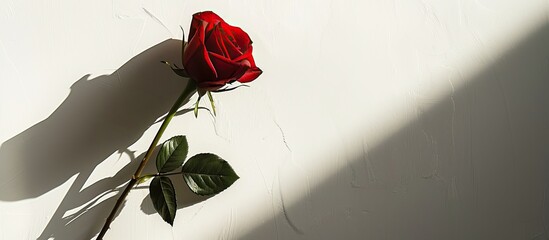 Wall Mural - Romantic symbol for Valentine s Day a lovely red rose casting a dark shadow on a white backdrop perfect for a copy space image