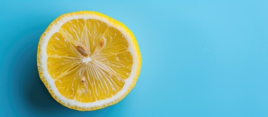 Poster - A freshly sliced lemon rests on a blue backdrop It is isolated showcasing natural organic fruit for a healthy lifestyle with copy space image