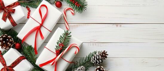 Fototapete - Modern crafted Christmas gifts decorated with red ribbon candy cane pine branches and cones on a white wooden background Ideal for a seasonal greeting card with copy space image