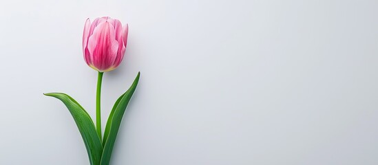 Aufkleber - Pink tulip on white backdrop in flat lay top view with selective focus and shallow depth of field leaving room for text in the copy space image