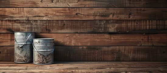 Aufkleber - Wooden background with two metal containers in a mockup with copy space image