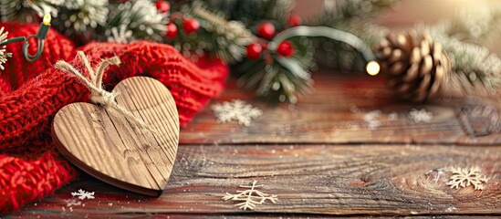 Sticker - Festive wooden heart decor on red wool with a rustic Christmas backdrop and copy space image