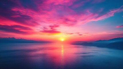 Wall Mural - Colorful sunset illuminating calm ocean with mountains on the horizon