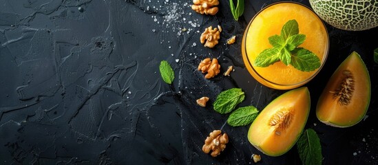 Poster - A yellow melon and a fruity drink garnished with mint and nuts on a black backdrop perfect for summer with copy space image
