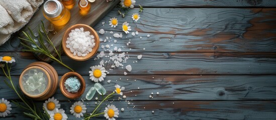 Aufkleber - Wellness therapy spa shown on a wooden background with copy space image