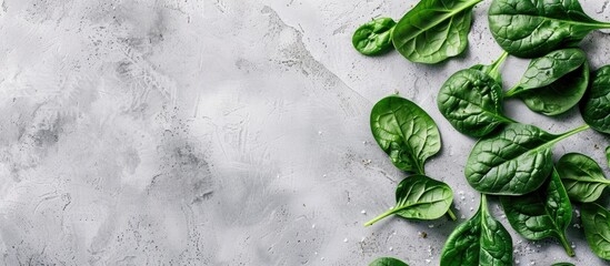 Poster - Fresh spinach leaves on light gray backdrop perfect for healthy organic meal enthusiasts Top down view with ample copy space image