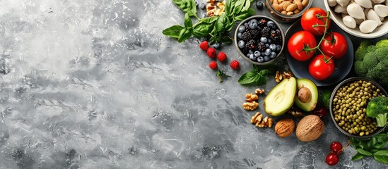 Poster - A variety of wholesome foods like vegetables fruits nuts and berries displayed on a stone table in a top down view providing ample copy space for text in the image