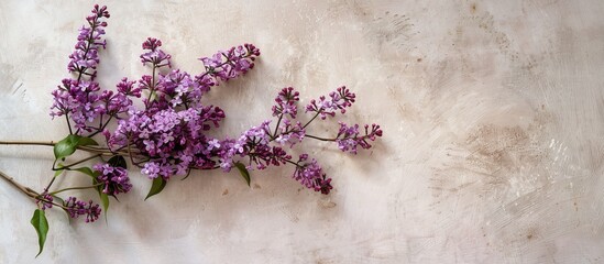 Poster - Floral lilac branch displayed as a flat lay with a close up view on a soft beige background offering copy space in a top view composition square