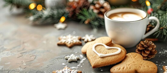 Aufkleber - Heart shaped cookies with Christmas decorations and a cup of coffee on a table set against a festive background with a copy space image