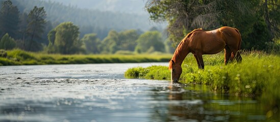 Poster - Selective focus enhances a serene setting as a horse grazes by the river creating a tranquil scene with available copy space for image content