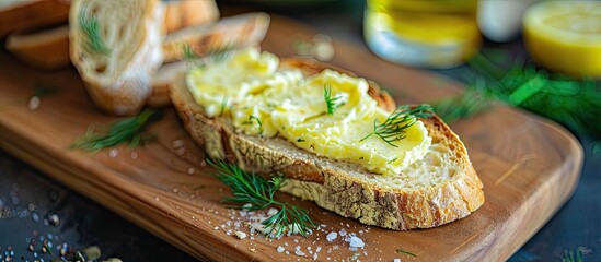 Wall Mural - Sliced baguette topped with a spread of butter and dill with a blank space for adding an image. Creative banner. Copyspace image