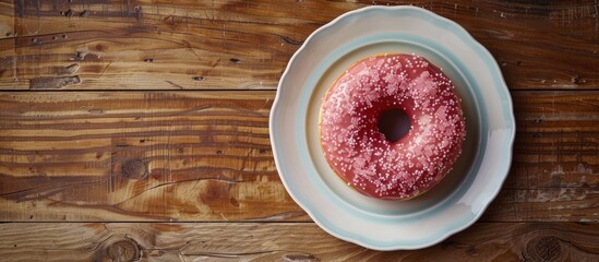 Poster - Top view of a single pink donut displayed on a plate atop a wooden table with room for additional text or images in the frame